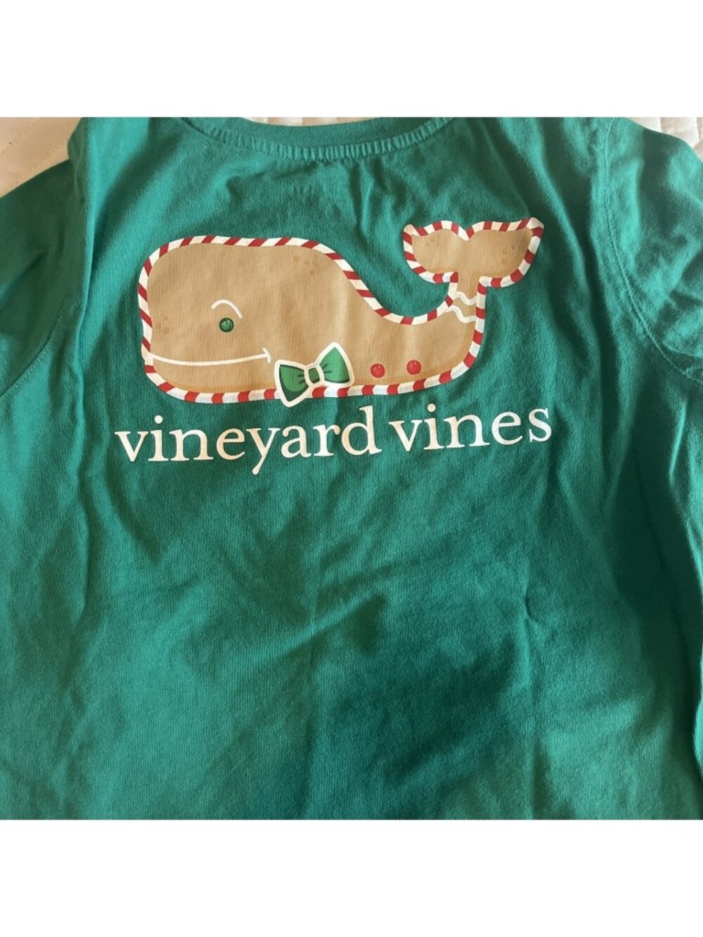 Vineyard Vines Gingerbread Tee Kids Medium 10/12 Pocket Whale Christmas Green LS